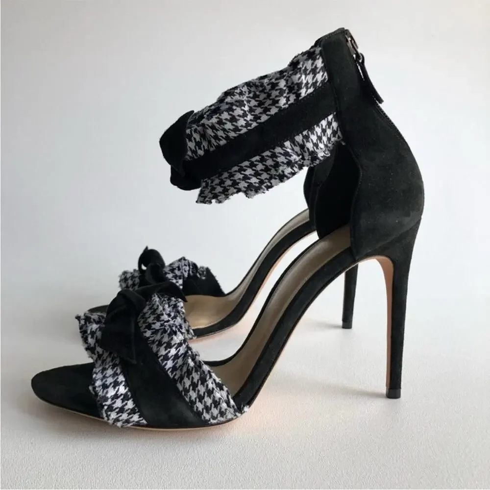 NEW Alexandre Birman Clarita Black Houndstooth Ruffle Sandals heels